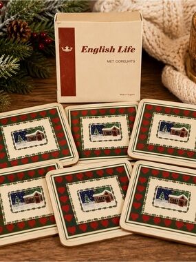 Vintage Pimpernel Christmas Cottage Coasters Set of 6 Cork Back Made England
